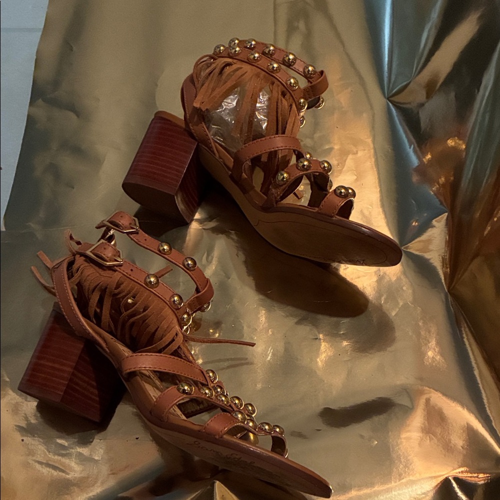 Sam Edelman Fringe Heel Sandals Buckle Strap with Stud Accents